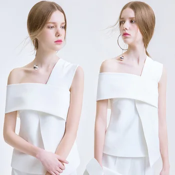 

New women's wear white irregular sleeveless off-the-shoulder blouse fashion female temperament