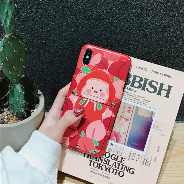 Красный Чехол для телефона с милым рисунком поросенка из мультфильма для iPhone 11 pro Xs max X 7 8 6 6s Plus XR Модный чехол с карманом для карт - Цвет: Красный