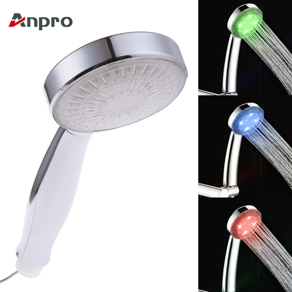 

Anpro 3 Colors High Pressure LED Lights Rainfall Shower Head ABS Chrome Water Saving Filter Spray Nozzle Shower head