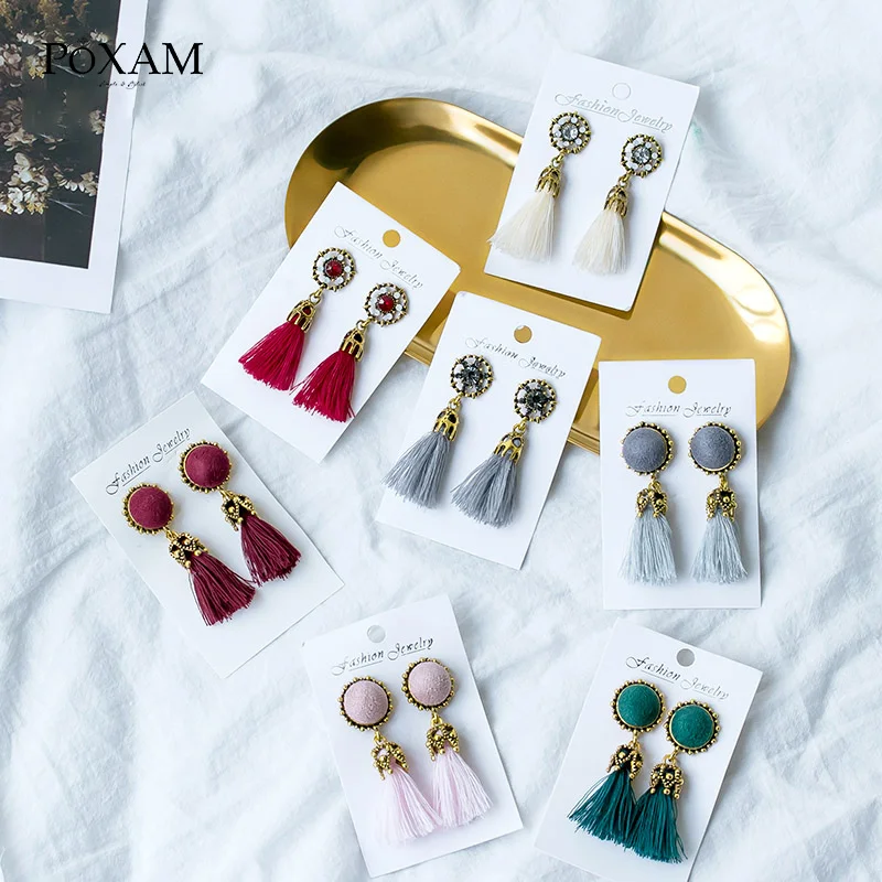 

POXAM Bohemian Tiny Tassel Earrings for Women Fashion Ethnic Girls Pompom Rhinestone Drop Dangle Samll Fringe Earrings Jewelry