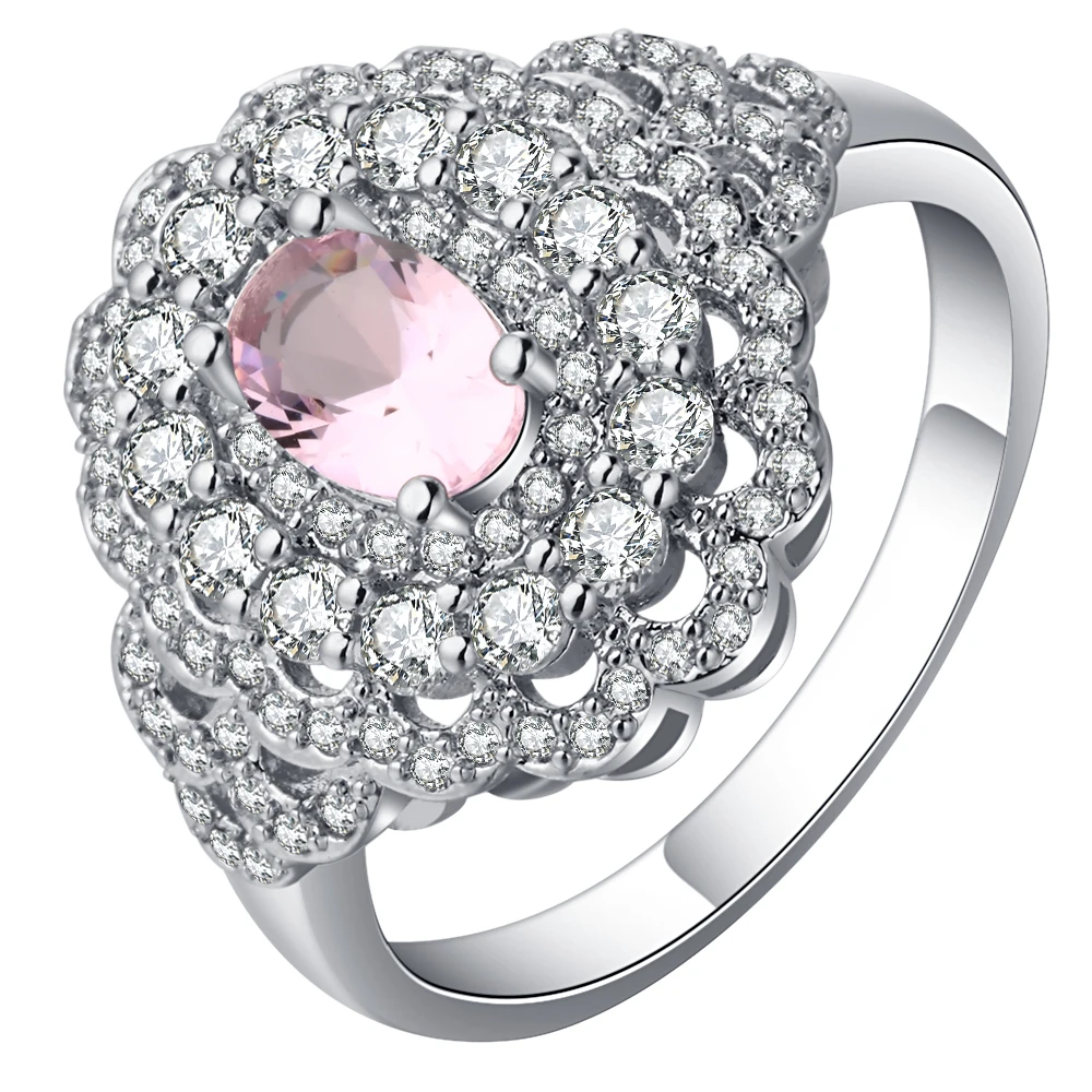 

UFOORO Fashion luxury women wedding ring 3 flower round cute pink crystal pave aaa zircon shiny engagement jewelry drop shipping