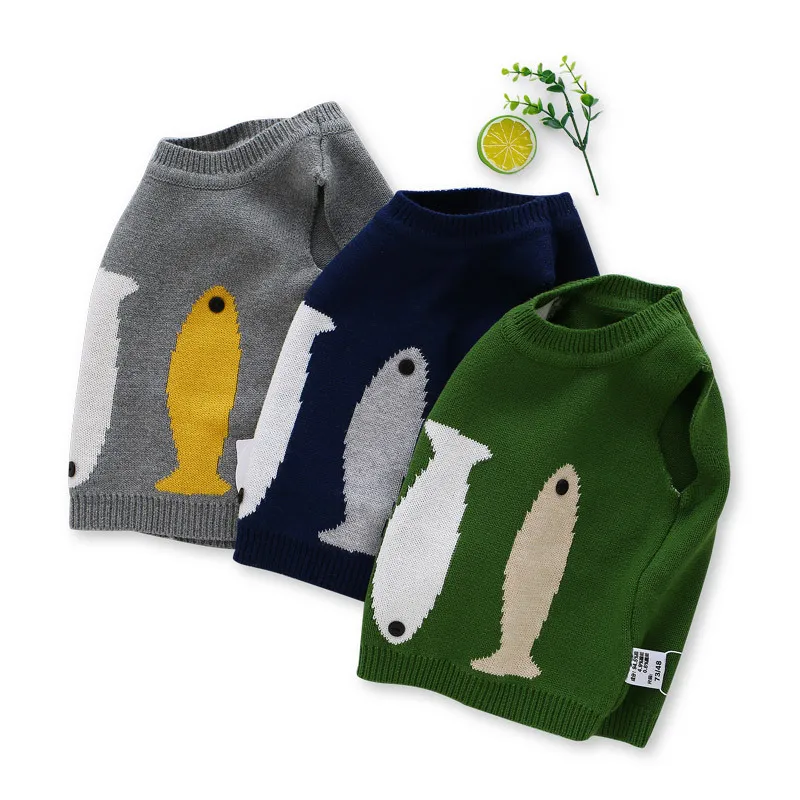 Модный свитер для маленьких мальчиков вязаный свитер с рыбками из мультфильмов, жилет для мальчиков, хлопковый теплый свитер для мальчиков, жилет весенне-зимняя одежда для малышей