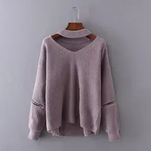 large size Korean big size new loose sweater zipper splicing V Halter Neck Long Sleeve Sweater pullover