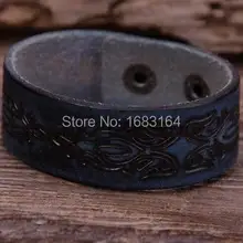 G89 синий Винтаж Цветочные тиснением Качество кожаный браслет Широкий манжеты мужские