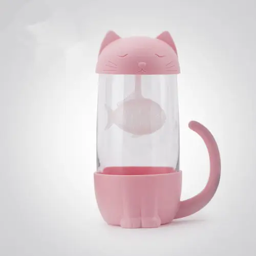 Милый Кот, стеклянная чашка, чайная кружка с фильтром для заварки рыбы, фильтр для дома, офиса, ситечко, стекло, es чай, применимые бутылки для воды - Цвет: Розовый