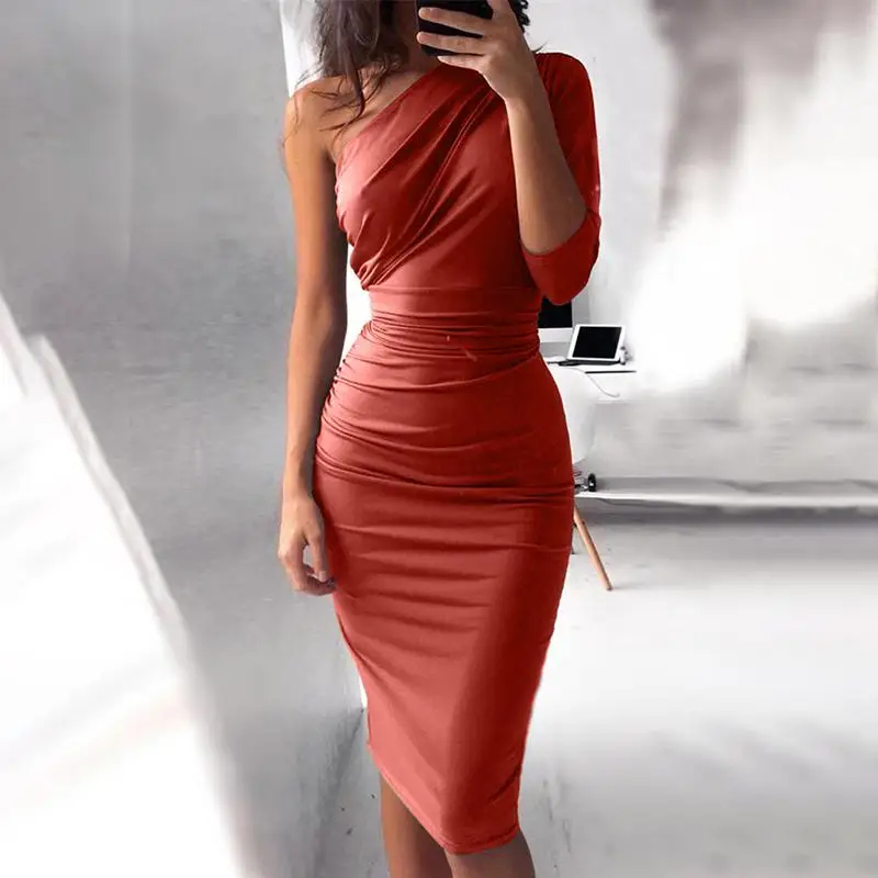 

Sexy One Shoulder Bodycon Midi Dress 2019 Spring Summer Women Long Sleeve Slant Neck Sheath Party Dress Vestidos