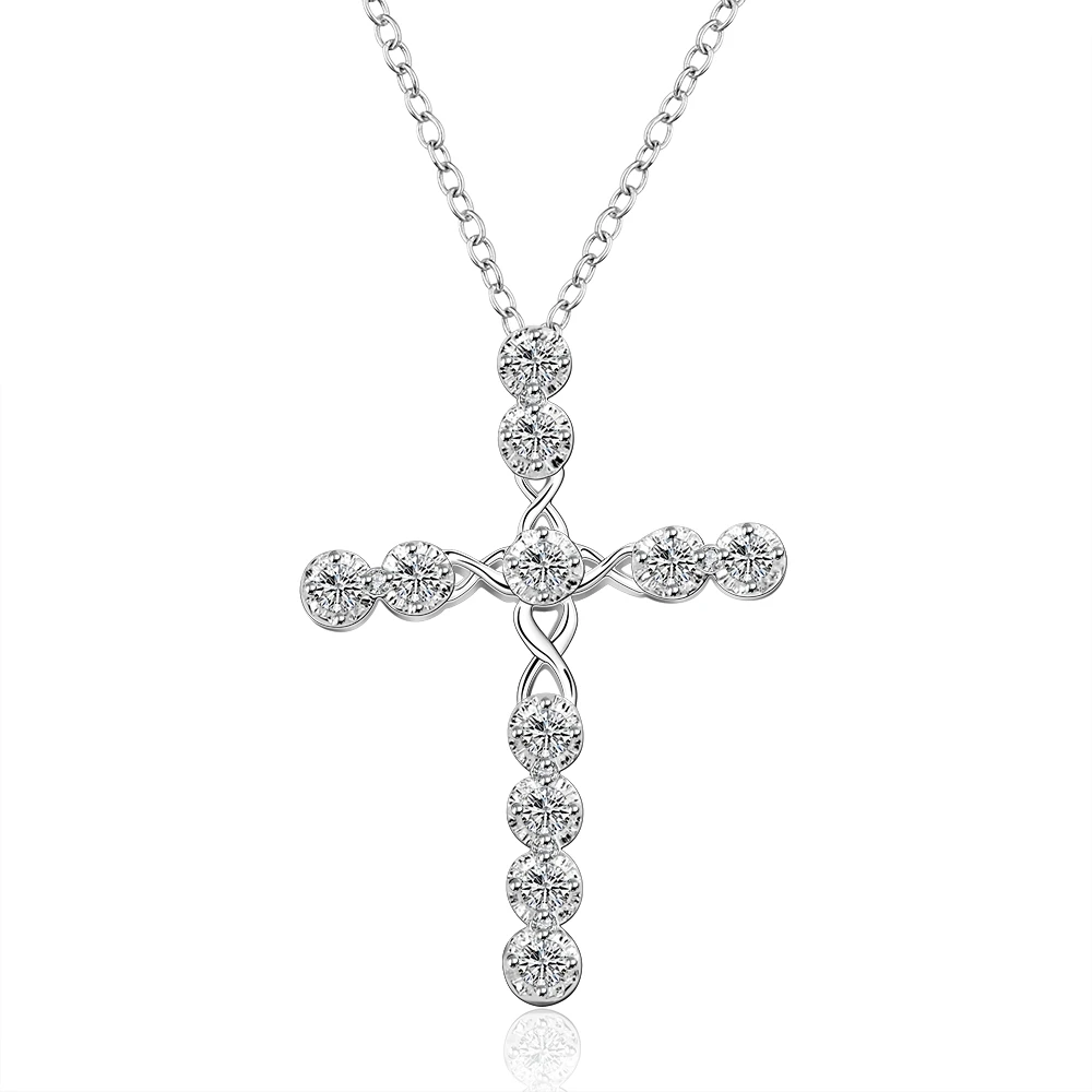 

New Noble Jewelry Silver Plated Necklace Jewelry Women Wedding Fashion Cross CZ Crystal Zircon Stone Pendant Necklaces Gift