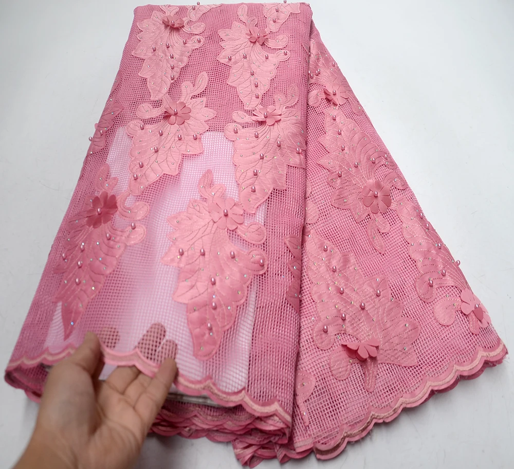 

2019 New African Lace Fabrics High Quality Good Price Pink Beaded Unique Pattern Embroidery French Tulle Lace Fabric