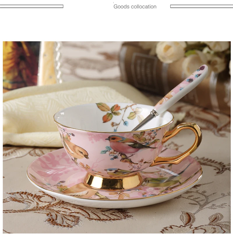 Высококачественный Европейский костяной фарфор набор кофейных чашек креативный керамический золотой рисунок птицы послеобеденный чайный набор чашек с ложкой кофейные чашки