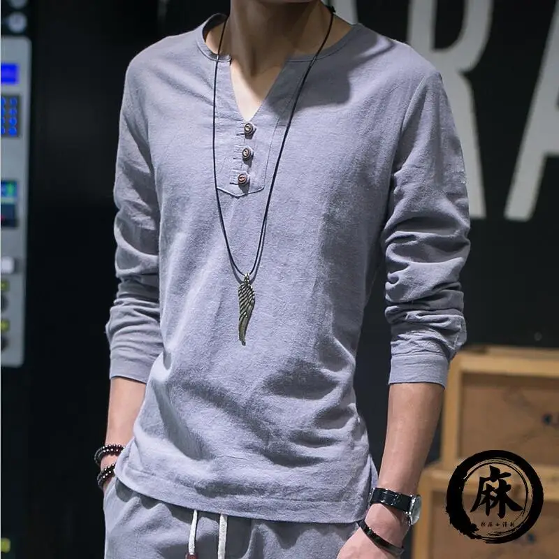 

Autumn And Spring Shirts Plus Size M-6XL 7XL Cotton Linen T-shirt Man 2019 Summer Man Pure Tops Full Sleeve Three Buttons Shirt