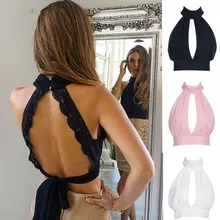 

Summer 2017 Sexy Backless Black Lace Women Tank Tops Girls High Neck Elegant Halter Tops Party Cute Bow Bustier Crop Top TS32