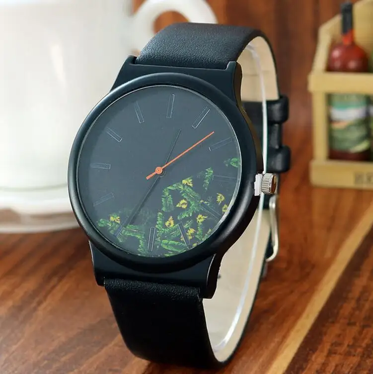 

Floral Design Black Case Orange Pointer Women's Fashion Watches Water Resistant Life Quartz Watch Women Clock Relogio Feminino