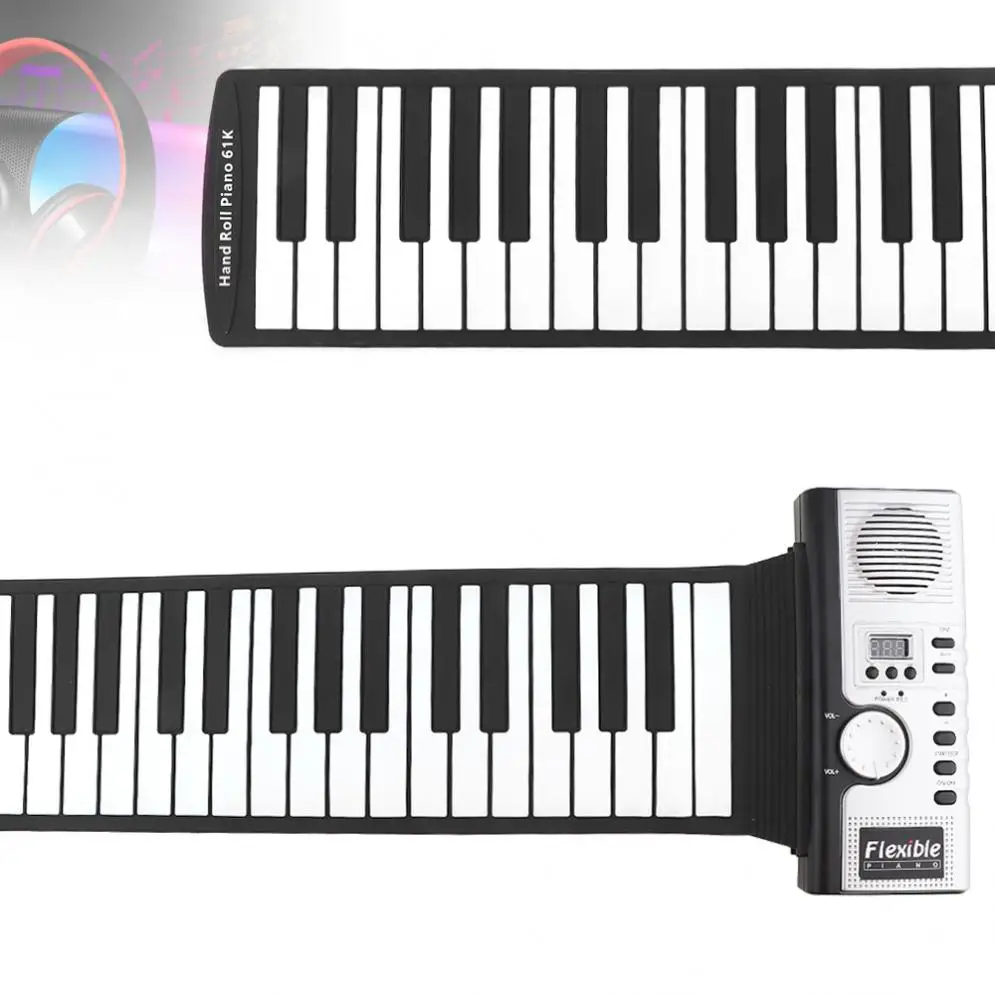  61 Keys Folding Electronic Silicone Flexible Hand Roll Up Piano Built-in Speaker MIDI Out Keyboard 