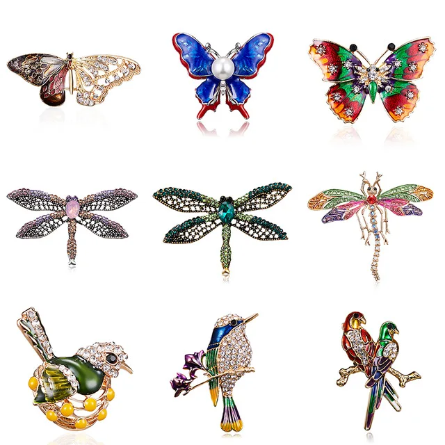 

2019 Alloy Purple Enamel Butterfly Bragonfly Bird Brooches Men And Women's Metal Rhinestone Insects Banquet Wedding Brooch Gifts