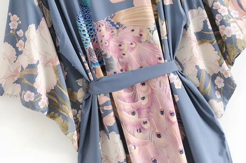 Boho Винтаж цветочный принт пояса для женщин богемный V образным вырезом рукава летучая мышь дамы блузки happie Макси кимоно Халат