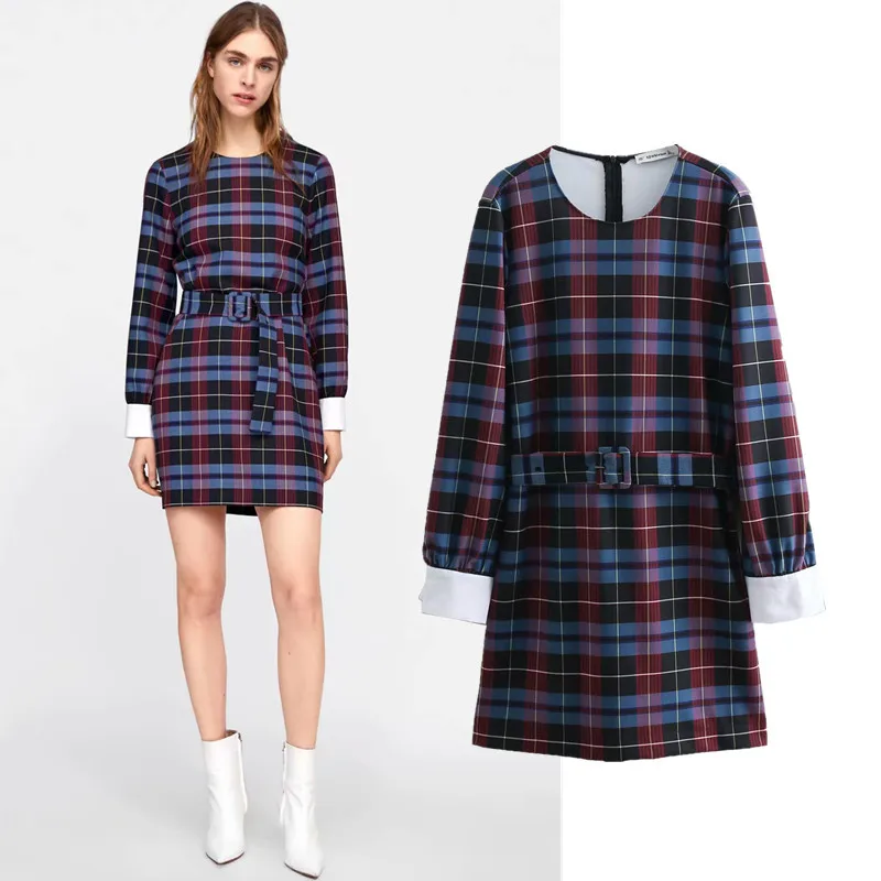 

Temperament Commuter Round Neck Short Dress Fashion New Women's Plaid Belt Decoration Slim Long Sleeve Dress women sexy dress