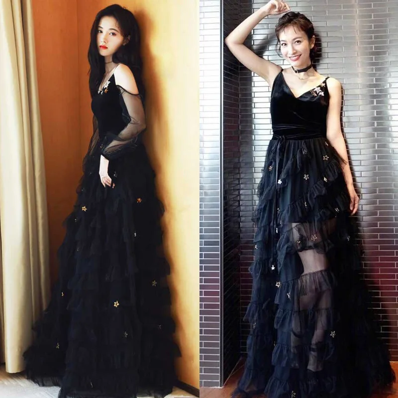 

2019 Ceremonial dress spring and summer new black sexy raglan sleeve eveninging dress banquet velvet mesh dress female