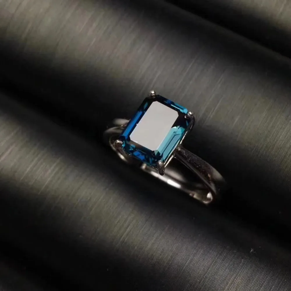 Модные Элегантные Простые площади Природный Голубой топаз кольцо S925 серебра, природных драгоценных камней кольцо Для женщин Нарядная, для девочек подарок ювелирные изделия кольца