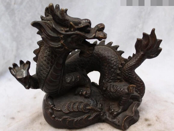 

xd 002757 7"Chinese Folk Purple Bronze carved eximous Lucky lifelike Money Dragon Statue