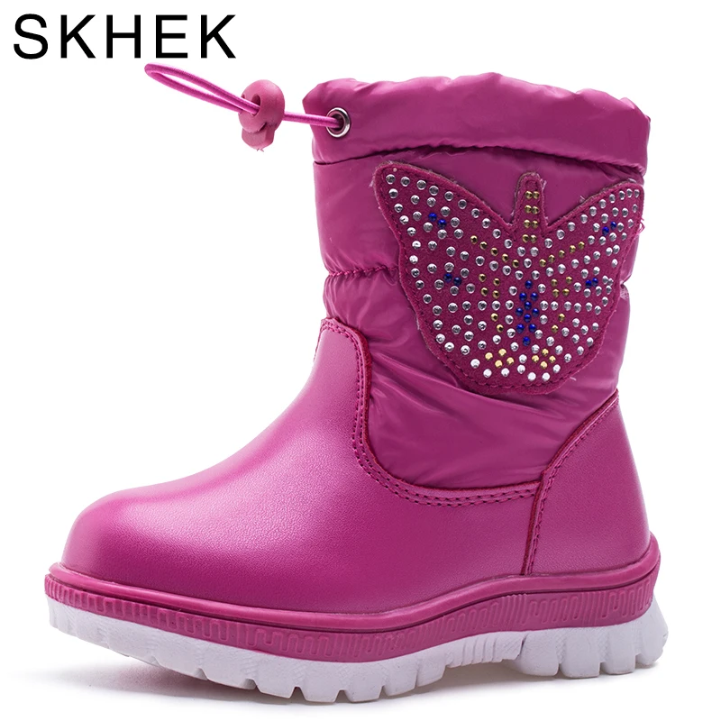 

SKHEK Winter Girls Boots With Bow tie Warm Plush Kids Boots For Kids High Cotton-Padded Baby Shoes