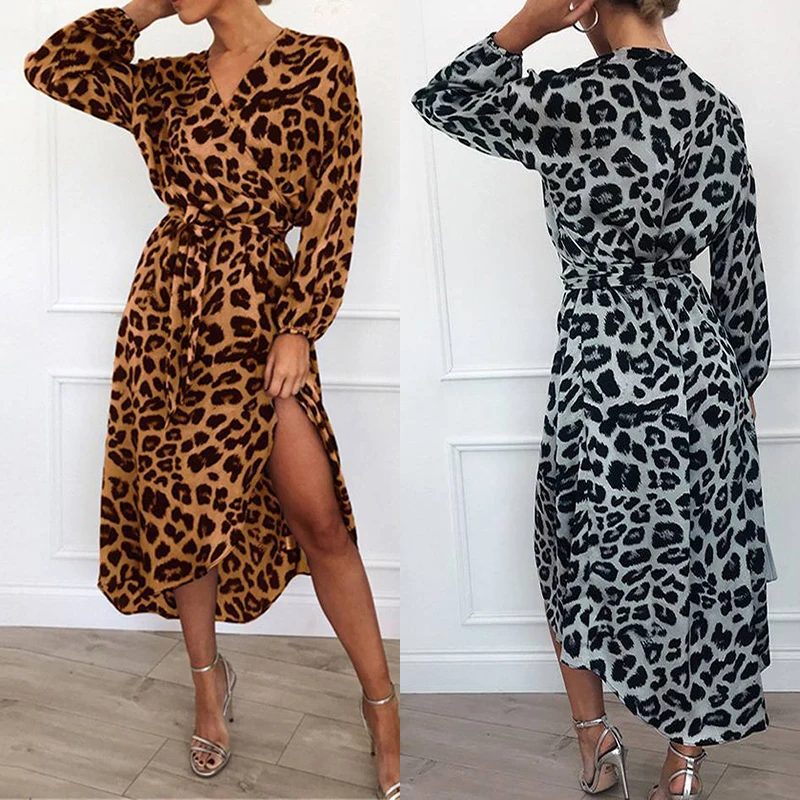 Leopard Print Dress Woman Autumn Long Sleeve Sexy V-Neck Dresses Casual Elegant Dresses Vestidos Office Lady High Split Dress
