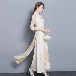 Китайский стиль воротник печати Qipao платья Элегантный Женская одежда новый сезон: весна–лето платье Дамская Мода Тонкий