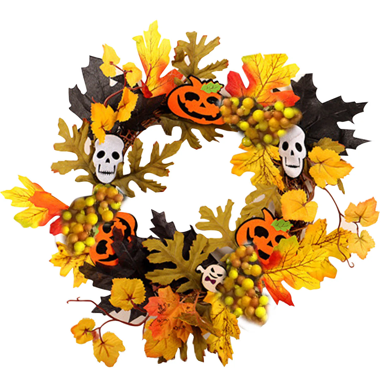 

Behogar Fake Artificial Maple Leaves Pumpkin Wreath Garland with LED Light for Halloween Party Home Wall Front Door Window