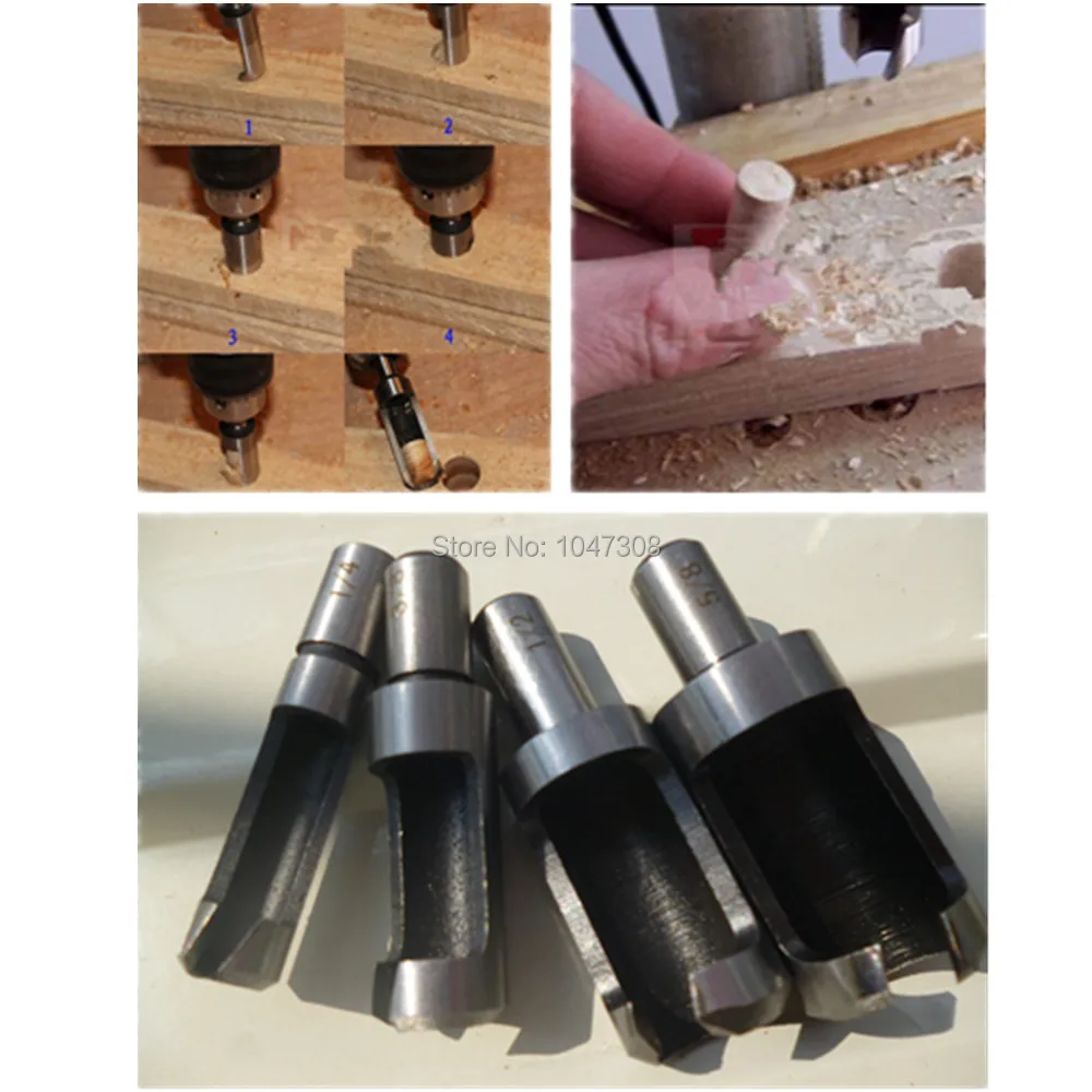 4 Pack 5/8" 1/2" 3/8" 1/4" Wood Plug Hole Cutter Bit Set Kit Dowel
