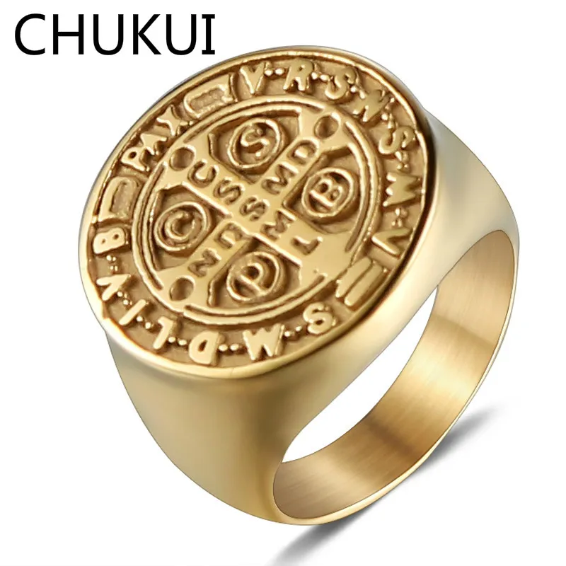 CHUKUI, мужские кольца из нержавеющей стали в стиле панк, золотой тон Святого Бенедикта, церковное религиозное кольцо с крестом Иисуса Христа, рыцарское ювелирное изделие