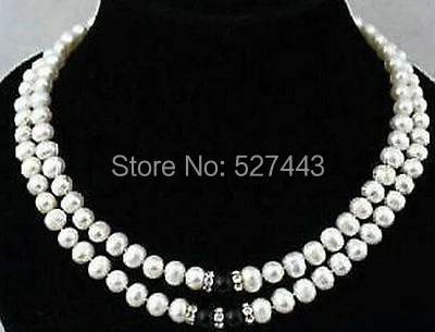 

Wholesale free shipping >>Beautiful 2 row 7-8MM white pearl black Bead necklace