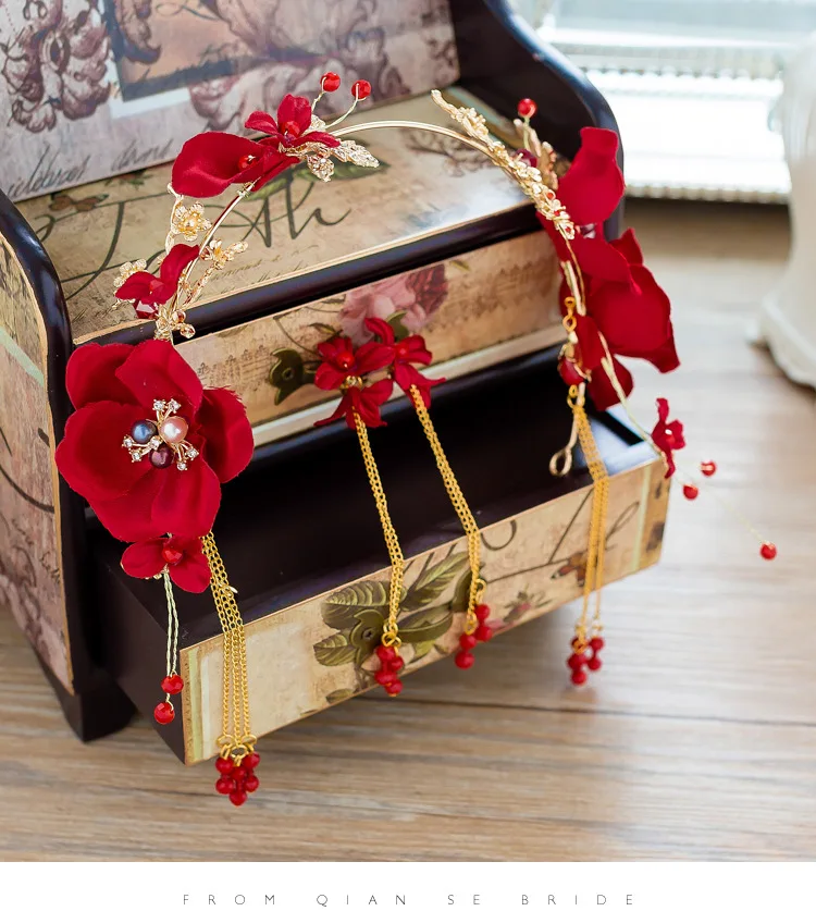 

red gold silk flower crown Tassel Earrings sets brides headdress Hoop wedding hair accessories