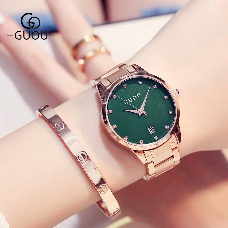 Модные Роскошные GUOU часы Для женщин часы Reloj Mujer Нержавеющая сталь качество Алмазный женские кварцевые часы Для женщин горный хрусталь часы