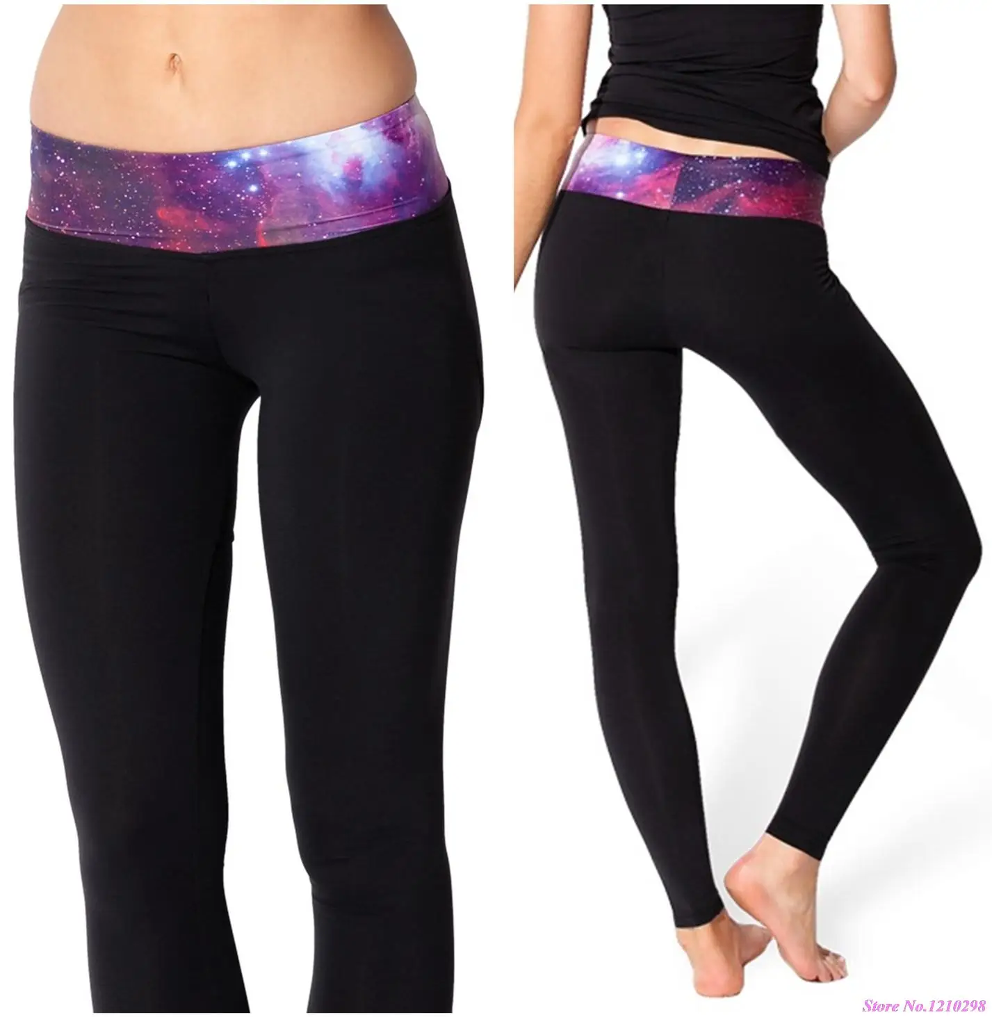 Compression Yoga Pants Purple Starry Sky Waistband Stretch Sport