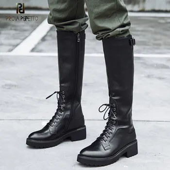 

Prova Perfetto Winter Knee High Boots Female Cross tied Real Leather Platform Women Boots Warm Side Zipper Knight Riding Boots