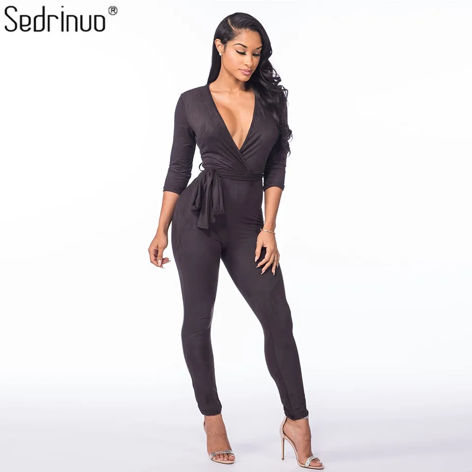 

Sedrinuo Plus size Deep V neck Black Suede Bodycon Rompers Womens Jumpsuit Autumn Skinny Sexy Jumpsuit 2016 Fashion Overalls