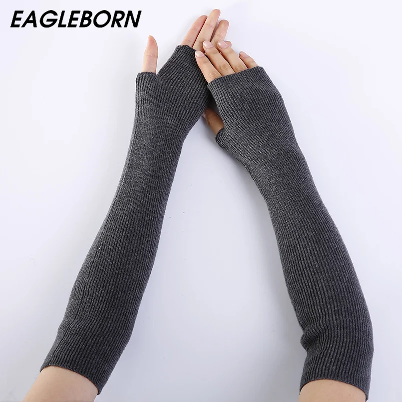 Eagleborn Для женщин зима подогреватели руку 95% кашемир длинные перчатки без пальцев однотонные теплые варежки локоть нить трикотажные рукава