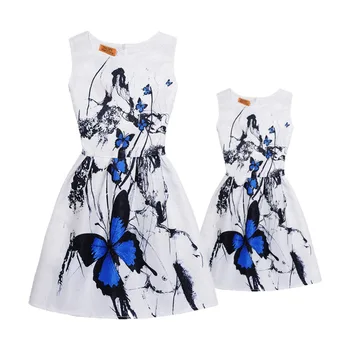 

Fashion Mommy and me Clothes Matching Sister Outfits Casual Mother and Daughter Dress Butterfly Print Vintage Teenage Girl Dress