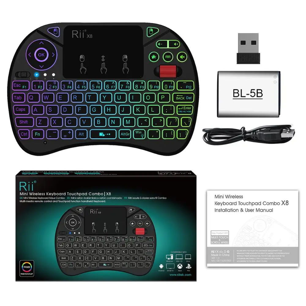 Rii i8x с подсветкой rgb 2,4 ГГц Беспроводная клавиатура x8 Air mouse русская испанская английская портативная тачпад игровая для Android tv box PC