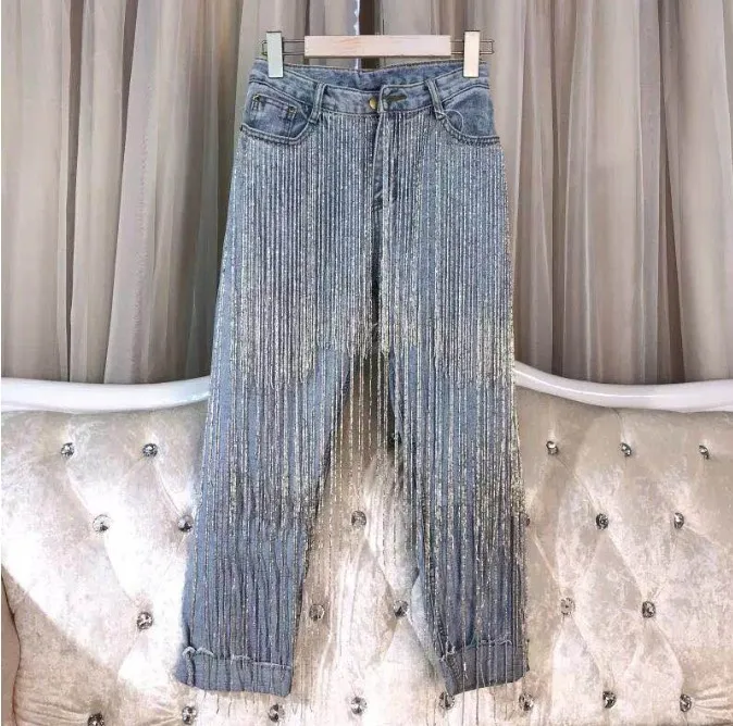 

2019 Spring and Autumn New Handmade Beaded Fringed Skinny Jeans Trousers Student Girls Mid-waist Blue Tassel Denim Pants