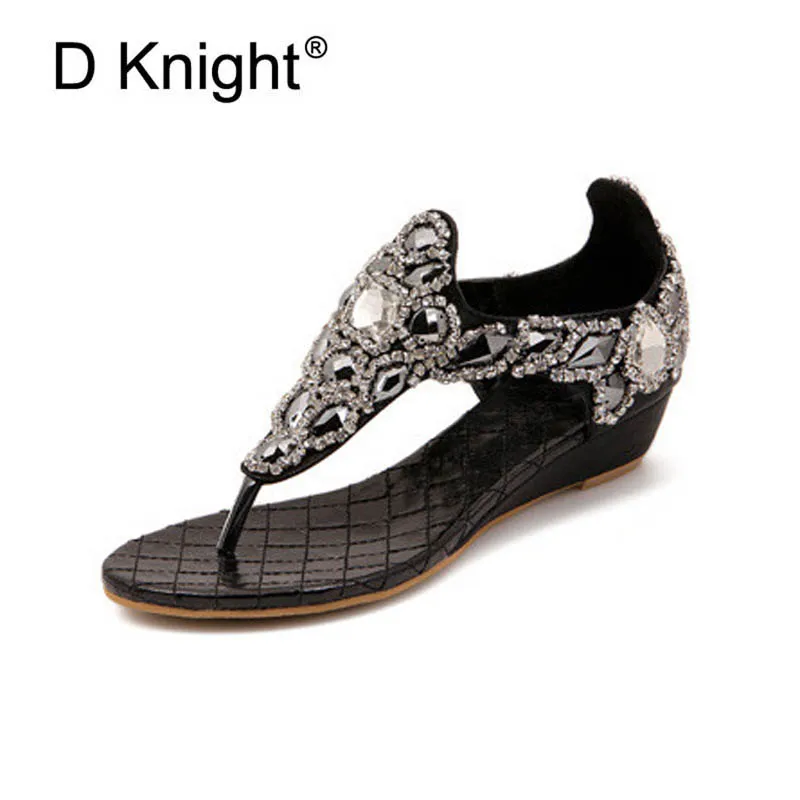 

New Fashion Crystal Rhinestone Gladiator Sandals For Women Luxurious Ladies Casual Wedge Flip Flops Female Low Wedges Sandals