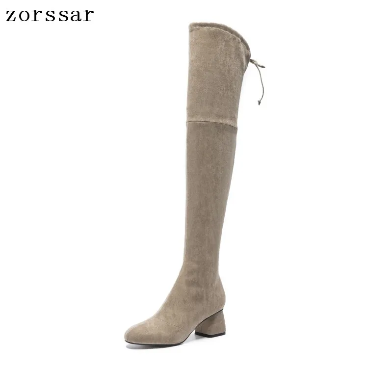 

{Zorssar} high quality Female Long Boots Winter shoes Nubuck leather Square High Heels Pointed Toe women Over The Knee boots