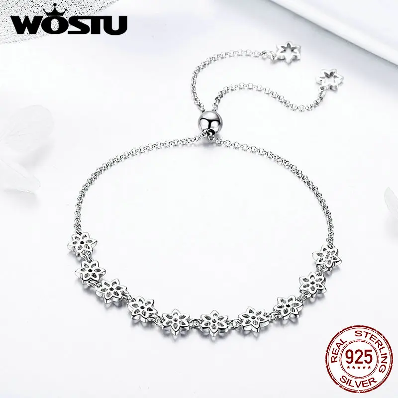 

WOSTU Begonia Flower Bracelets 925 Sterling Silver Chain Link For Women Bangles Wedding Silver 925 Jewelry Gift FNB010