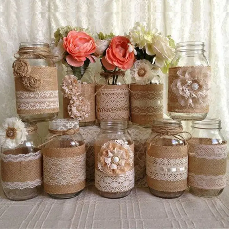 

2M 5cm Jute Burlap Rolls Hessian Ribbon With Lace Vintage Rustic Wedding Decoration Ornament Burlap DIY Home Party Wedding Decor