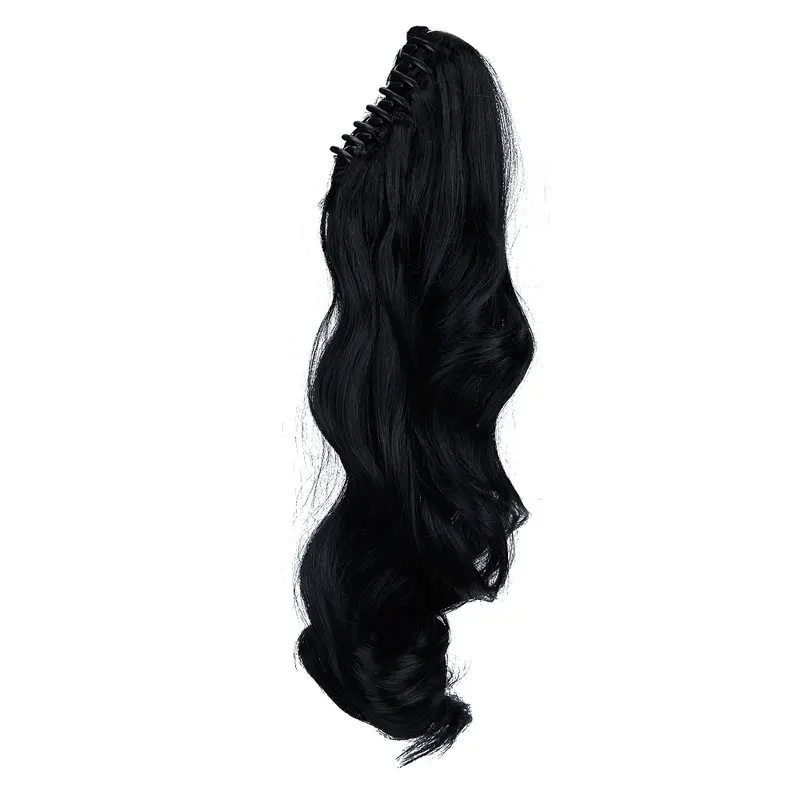 S-noilite 18 inches Long Ponytail Clip in Pony tail Hair Extensions Claw on Hair piece Wavy Black Brown Synthetic Fiber