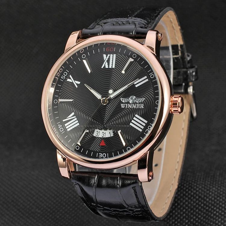 

T-WINNER Auto Date Rose Golden Mechanical Classic Rome Dial Self-winding Watches Business Casual Unisex Leather Watch