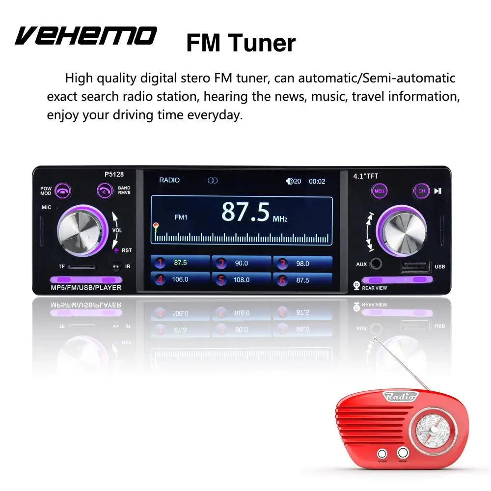 

Vehemo 1 Din 4.1 Inch Multi-Function Premium Car MP5 Rear View Camera Music Player Car Video Player Stereoscopic Sound Effect