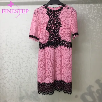 

Women'S Spring Print Flower Dress High Quality Cotton Dress Office Lady Fashion O-Neck Pink Party Dresses For Women
