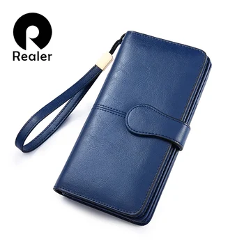 

REALER women wallet Split leather long wallet with phone/coin/card pocket zippers for ladies Purses with short strap for female