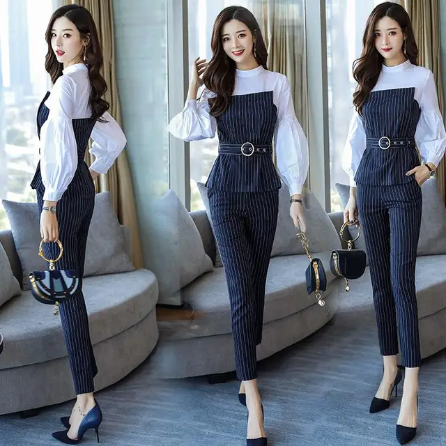 Office Lady Striped Two Piece Set Top And Pants Lantern Sleeve Formal ...