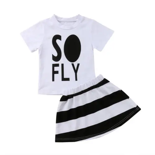 

2PCS Toddler Kids Baby Girls Outfits So Fly Letter Print Summer Top Mini Striped Dress Set Clothes Causal Girls Set